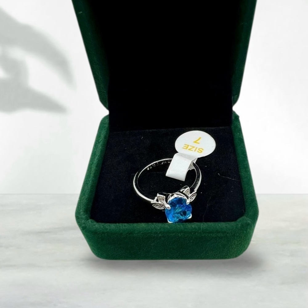 Blue Zircon Ring Size 7 Rhodium Plated Lab Created Gemstone Floral - Picture 3 of 4